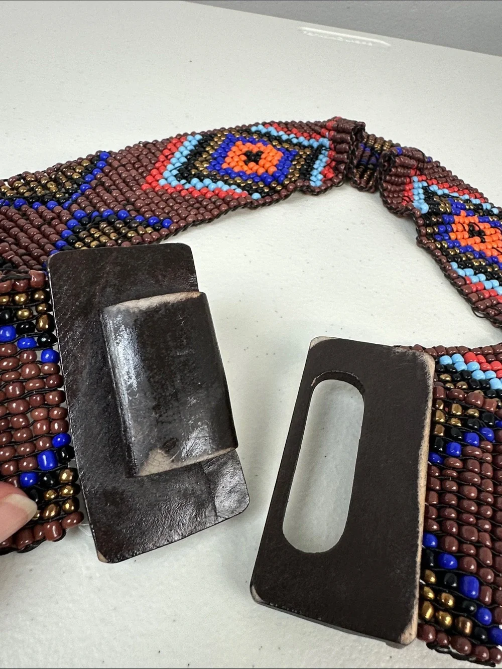 Boho Hippie Aztec Beaded Stretchy Belt With Wooden Buckle